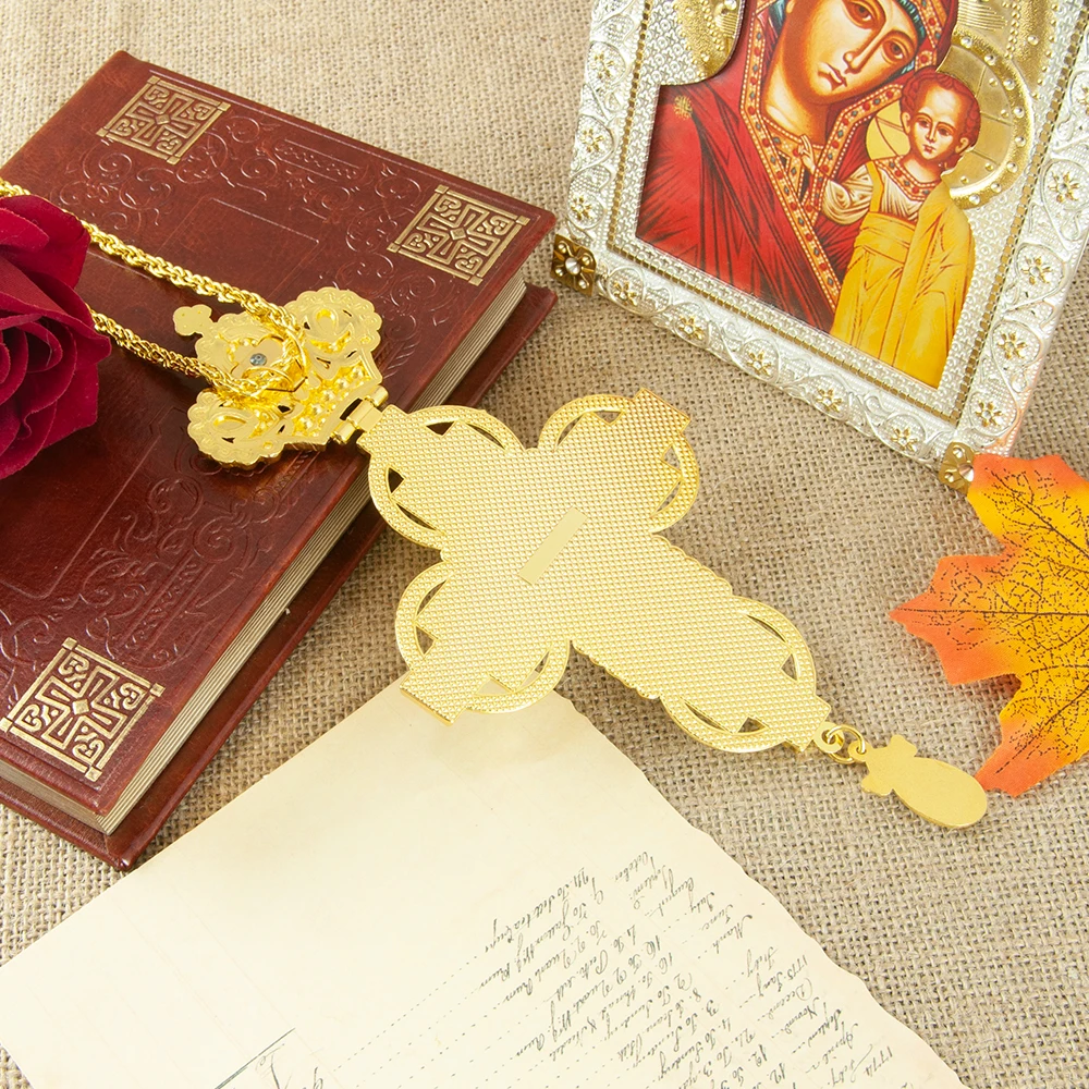 قلادة صليب مسيحي أرثوذكسي من HTISOK مطلية بالذهب مع أحجار كريمة وأحجار الراين هدية أرثوذكسية لكنيسة زفاف عيد الفصح القس #3