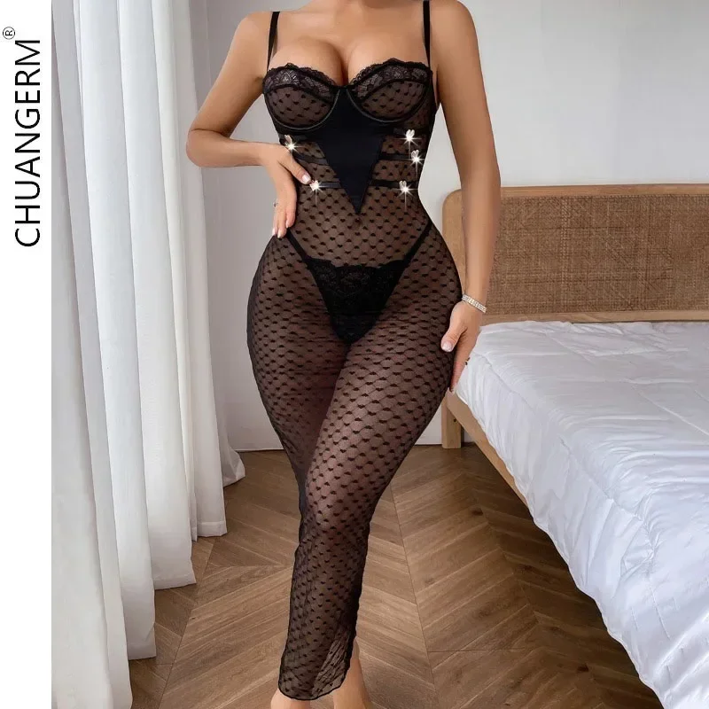 CHUANGERM Lace Sexy Wrapped Chest Strap Dress Polka Dot See Through Babydoll Heart-Shaped Slim Elegant Women's Party Bodysuits