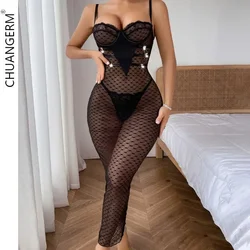 CHUANGERM Lace Sexy Wrapped Chest Strap Dress Polka Dot See Through Babydoll Heart-Shaped Slim Elegant Women's Party Bodysuits