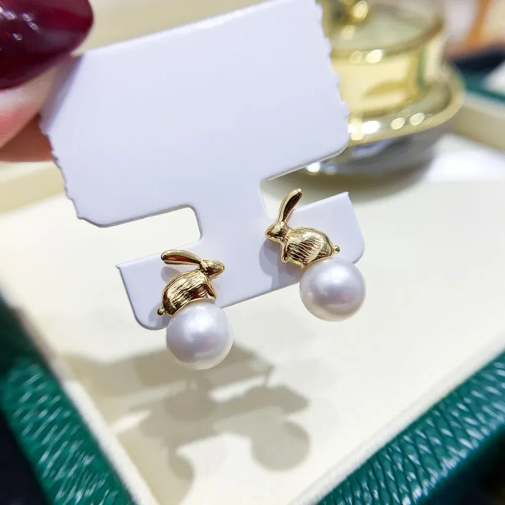 

DIY Pearl Accessories 925 Silver Stud Earrings Empty Holder, Rabbit Gold Silver Earrings Holder for Women, with 7-9mm Beads