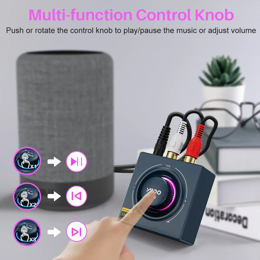 YMOO B06T3 + LDAC Bluetooth5.2 جهاز استقبال الصوت اللاسلكي 30 مللي ثانية RCA 3.5 ملم لمكبرات الصوت/مكبر الصوت من الهاتف/الكمبيوتر المحمول/الكمبيوتر اللوحي الكمون المنخفض