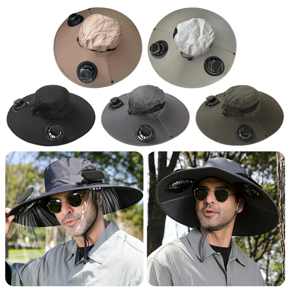 

Solar Charging Solar Fan Hat Wide Brim Adjustable Headband Sun Hat Dual Fan Quick Dry Summer Cooler Cap Fishing Accessories