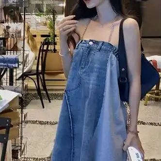 

Vintage Women French Tube Top Suspender Denim Dress Spring Casual Commute Loose Vest Dress Straight Irregular Hemline Jean Dress