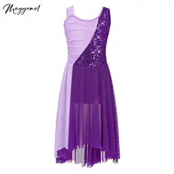 Kids Girls Contemporary Lyrical Dance Dress Ballet Gymnastic Leotard Dress Sequins Sleeveless Performance Dancewear Costume