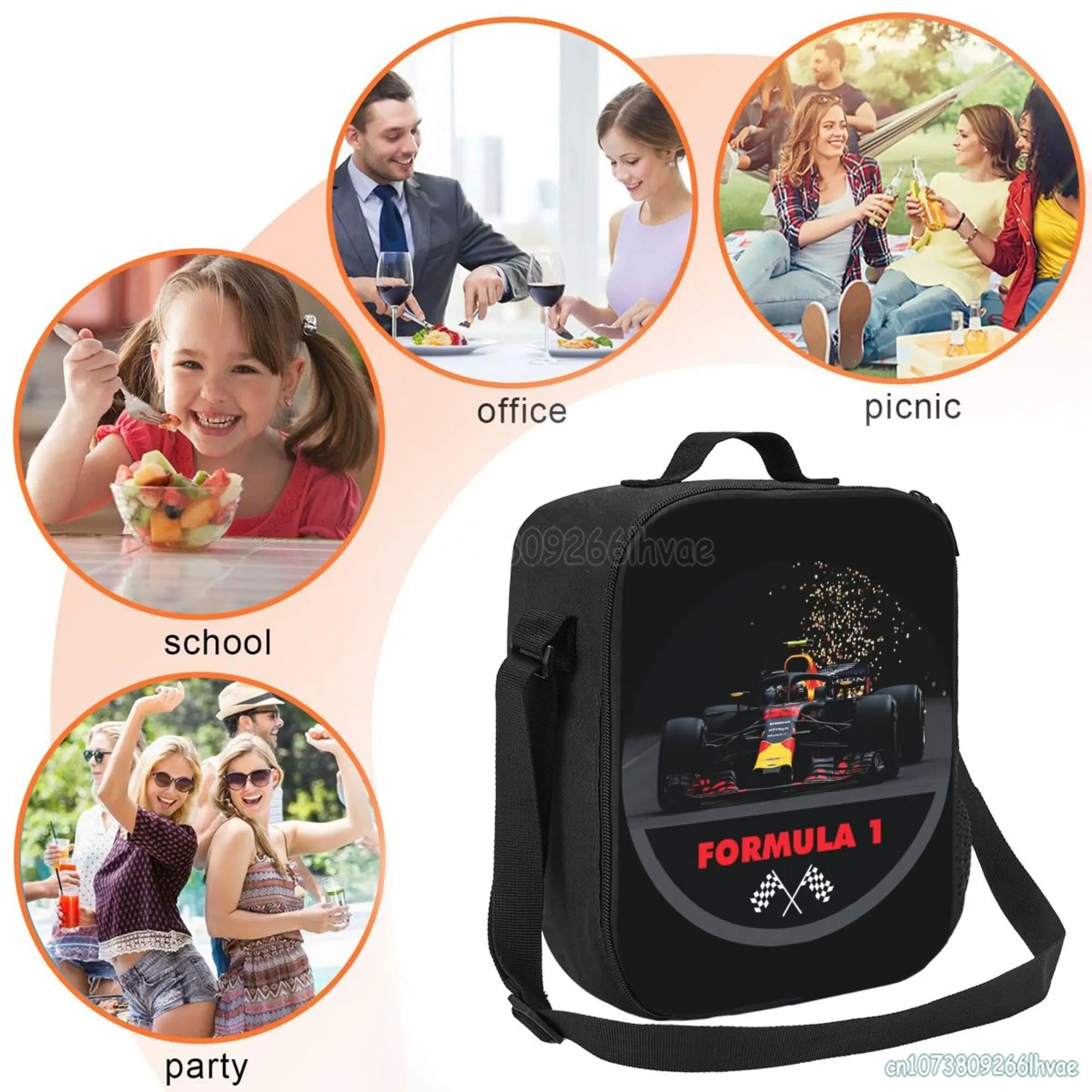 F1 Car Racing Insulated Lunch Bag Resuable Waterproof Thermal Oxford Lunch Box with Single Shoulder Portable Tote Bento Bag