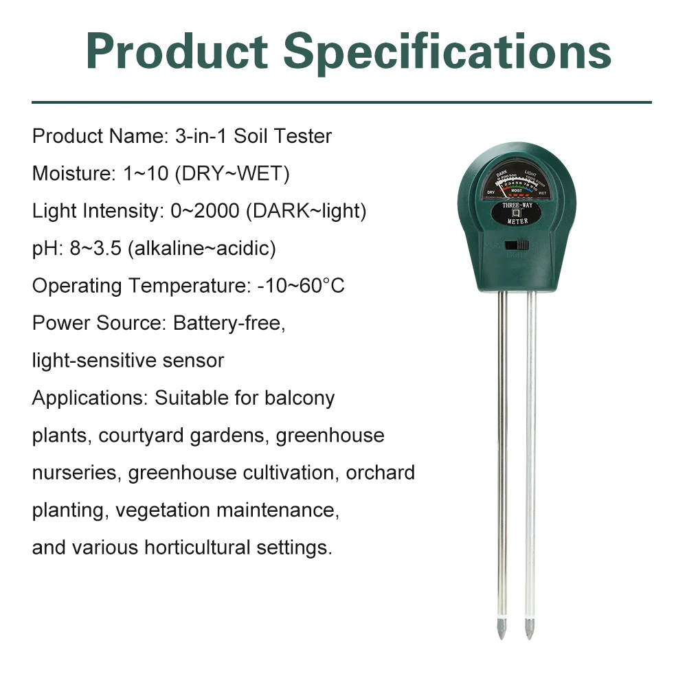 Probador de suelo 3 en 1, medidor de PH de humedad del suelo, probador de flores de humedad y acidez, herramienta de medición de temperatura y acidez