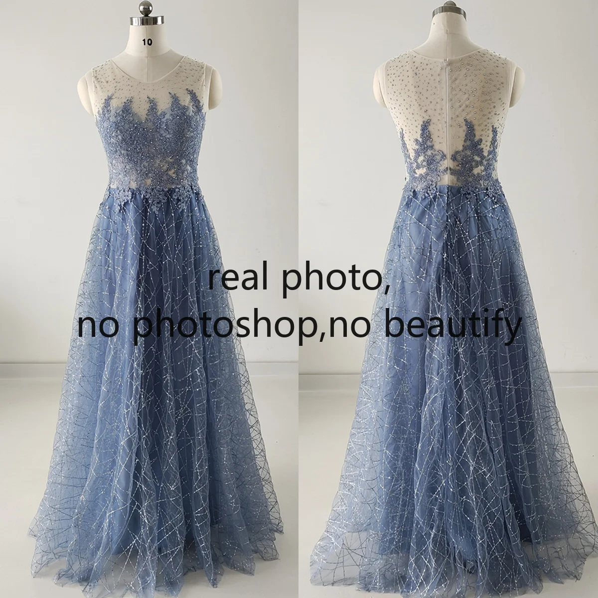 

Evening Dresses Haze Blue O-neck illusion Crystal Sleeveless Sequins A-line Floor Length Plus size Women Party Formal Gown R1317