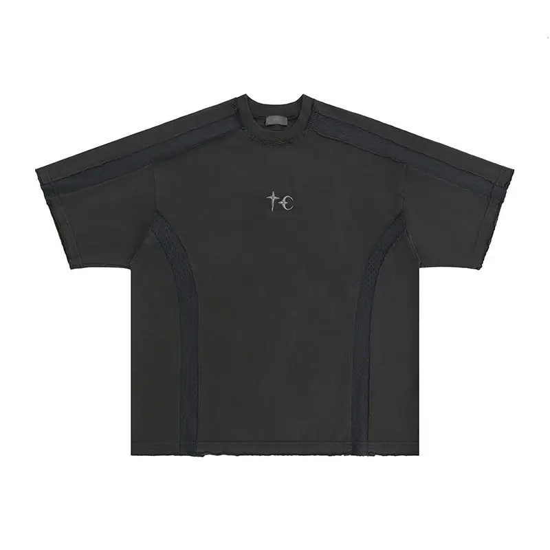 

Washed Vintage Patchwork Short Sleeve T-Shirt round Neck Embroidery Dark Style Korean Fit Men's Casual Breathable Comfortable