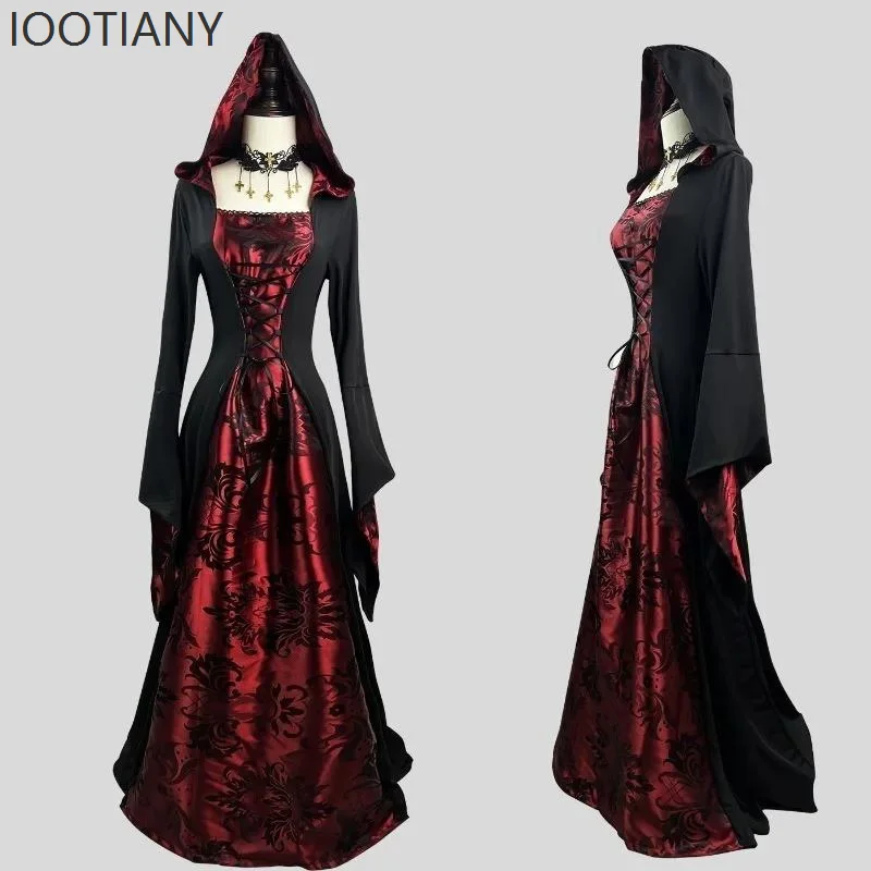 

IOOTIANY Medieval Renaissance Victorian Maxi Dress Women Halloween Devil Pagan Witch Wedding Costume Hooded Robe Cosplay Costume