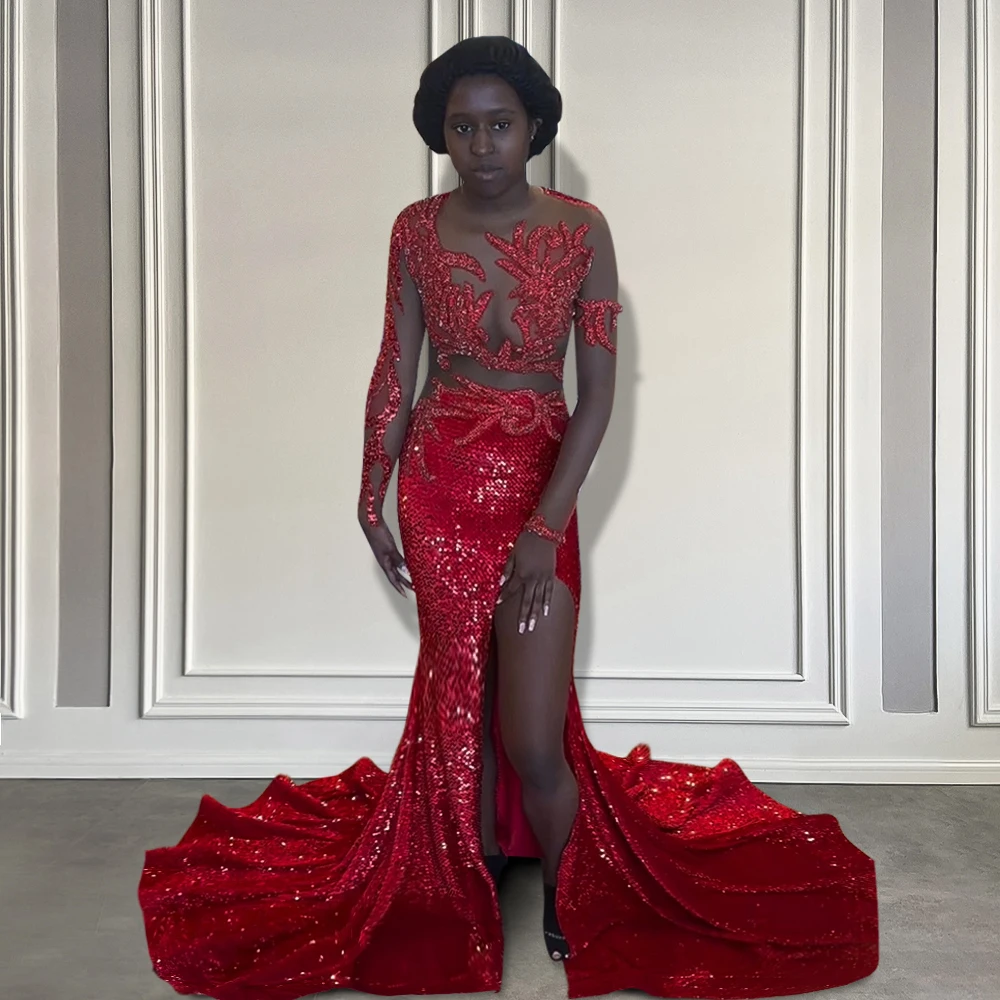 

Sexy See Thru Long Red Sequin Prom Dresses for Black Girls Mesh Long Sleeves Beaded Birthday Luxury Dress with Slit Customized