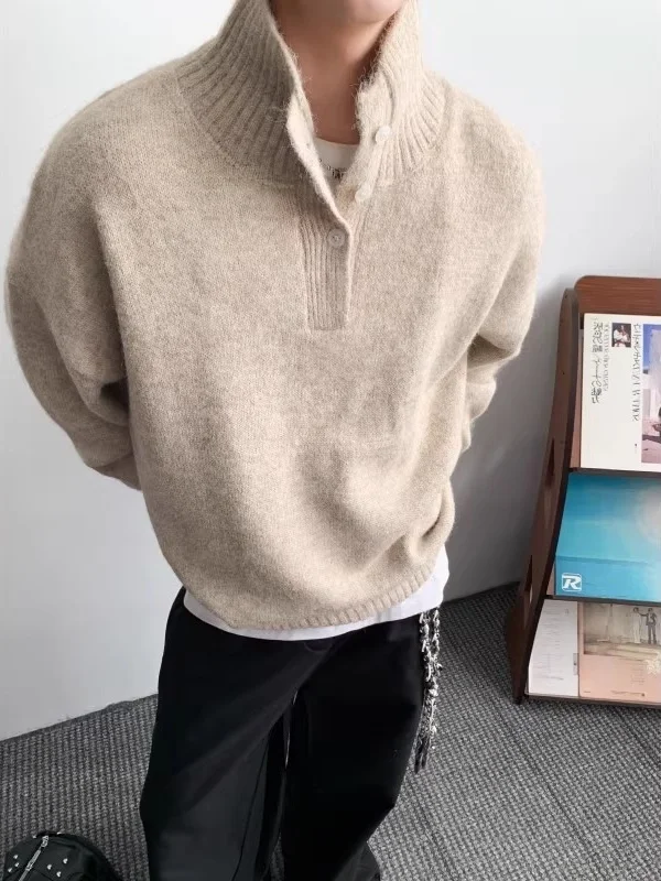 

Мужской зимний утепленный вязаный свитер с высоким воротником, свободный крой, комфортный базовый слой, корейский стиль, повседневный ленивый фэшн