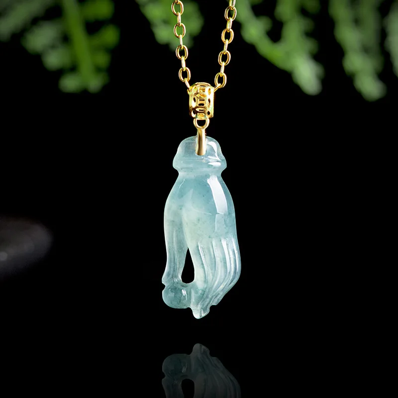 

High Quality Natural Jade Blue Water Hand Pearl Pendant 18K Gold Ice Type Women's Jade Necklace Luxury Fashion Jewelry Gift