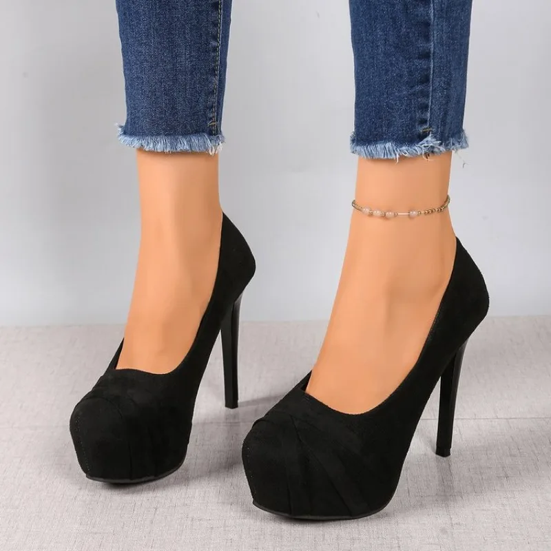 Spring 2026 Women's Fashion Large Size High Heel Black Slip-On Thin Heel Single Shoes Velvet Surface Princess Style round Head