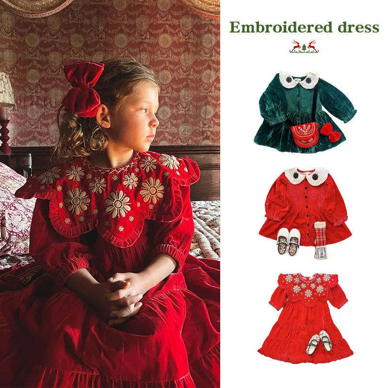 Korean Kids\'s Girls Princess Dress For 2023 BD Winter Child Party Embroidered Christmas Dress For Girls Children\'s Clothings Pre