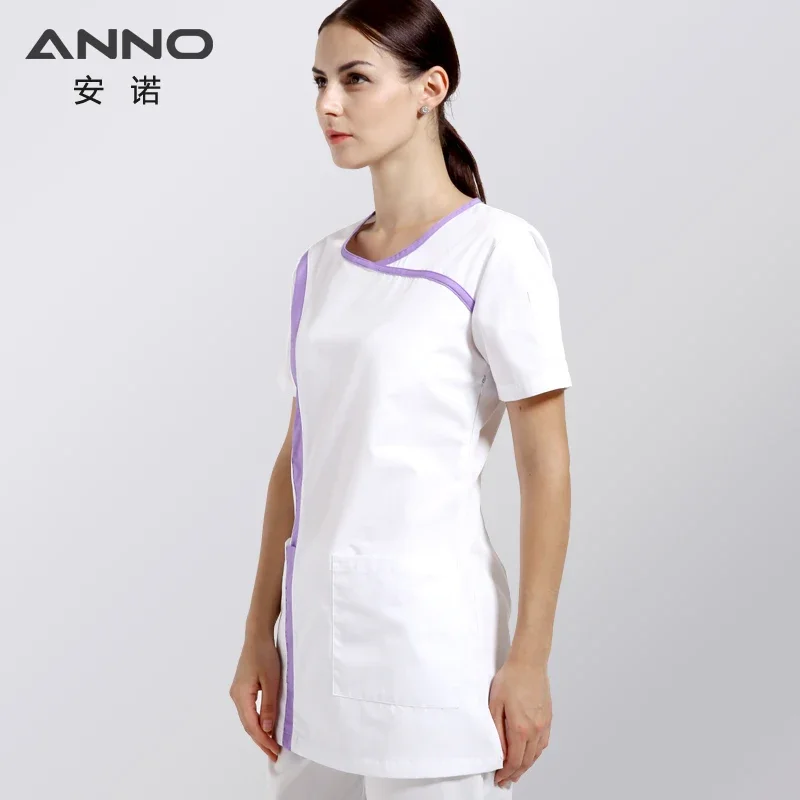 Anno branco manga curta uniformes de enfermeira algodão esfrega para mulheres fino ajuste o pescoço verão salão de beleza uniformes roupas
