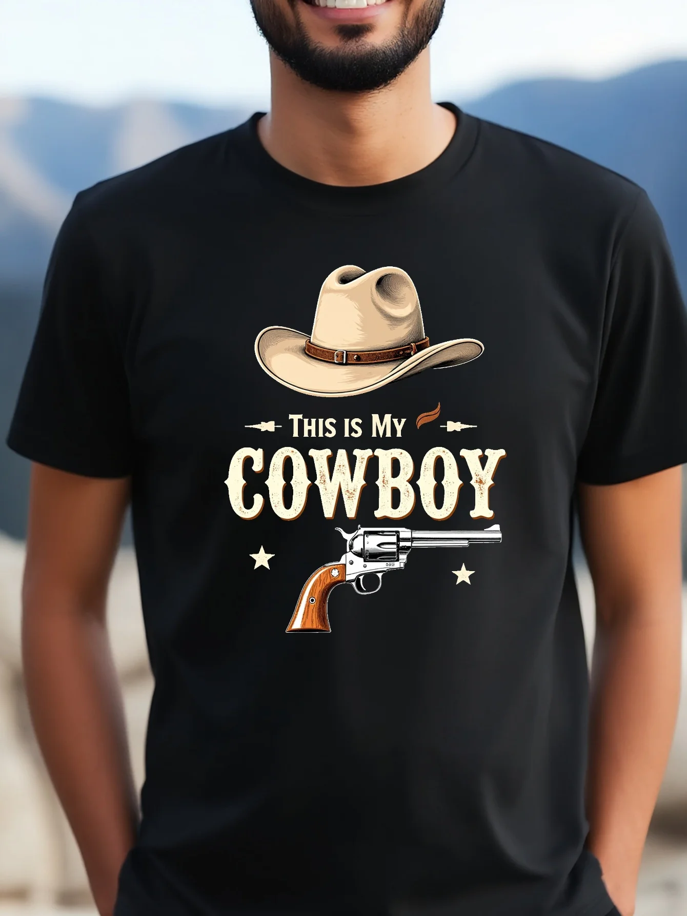 Men Cotton Tee Cowboy Hat Revolver Graphic Short Sleeve Crew Neck Casual Street T Shirt For Western Fans Summer Daily Tops