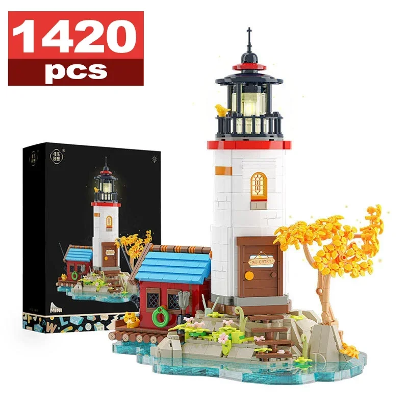 

Mini 1420Pcs Lookout Tower MOC Cape Lighthouse House Building Block Ancient Tree White Pavilion Bricks Toys For Children Gifts