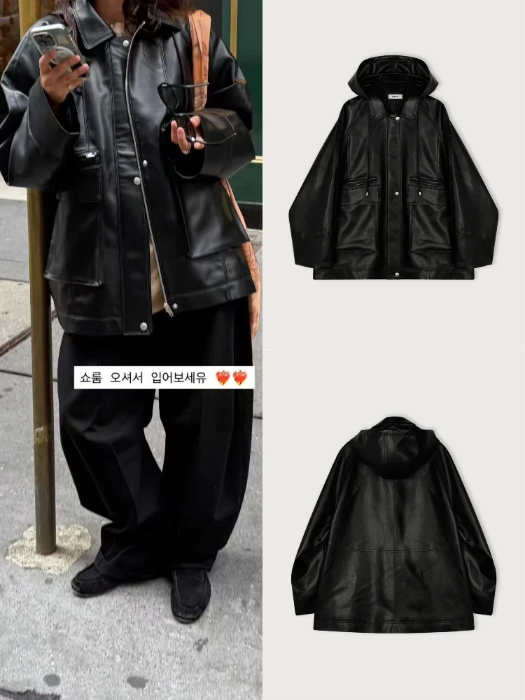   فضفاضة تناسب المرأة السائق Sle Jaet مع غطاء محرك السيارة انفصال معطف جلد خمر Faion طويل Sve منتصف طول سستة