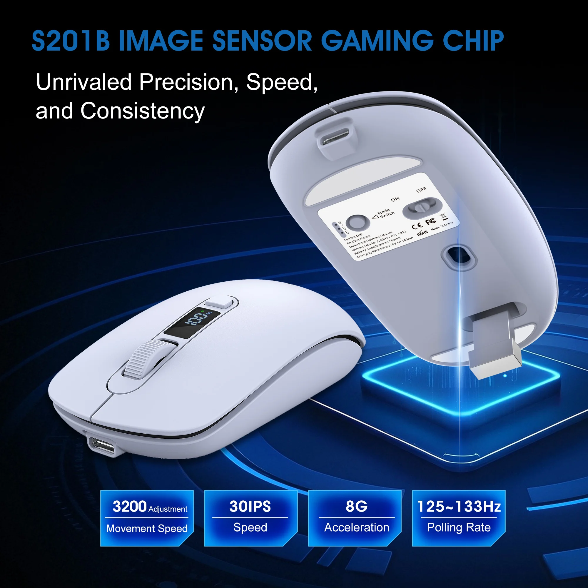 T03 Wireless Dual-mode Mouse,Bluetooth & Wireless Connection,Screen Digital Display,Silent Design,3200DPI,S201B Image Sensor