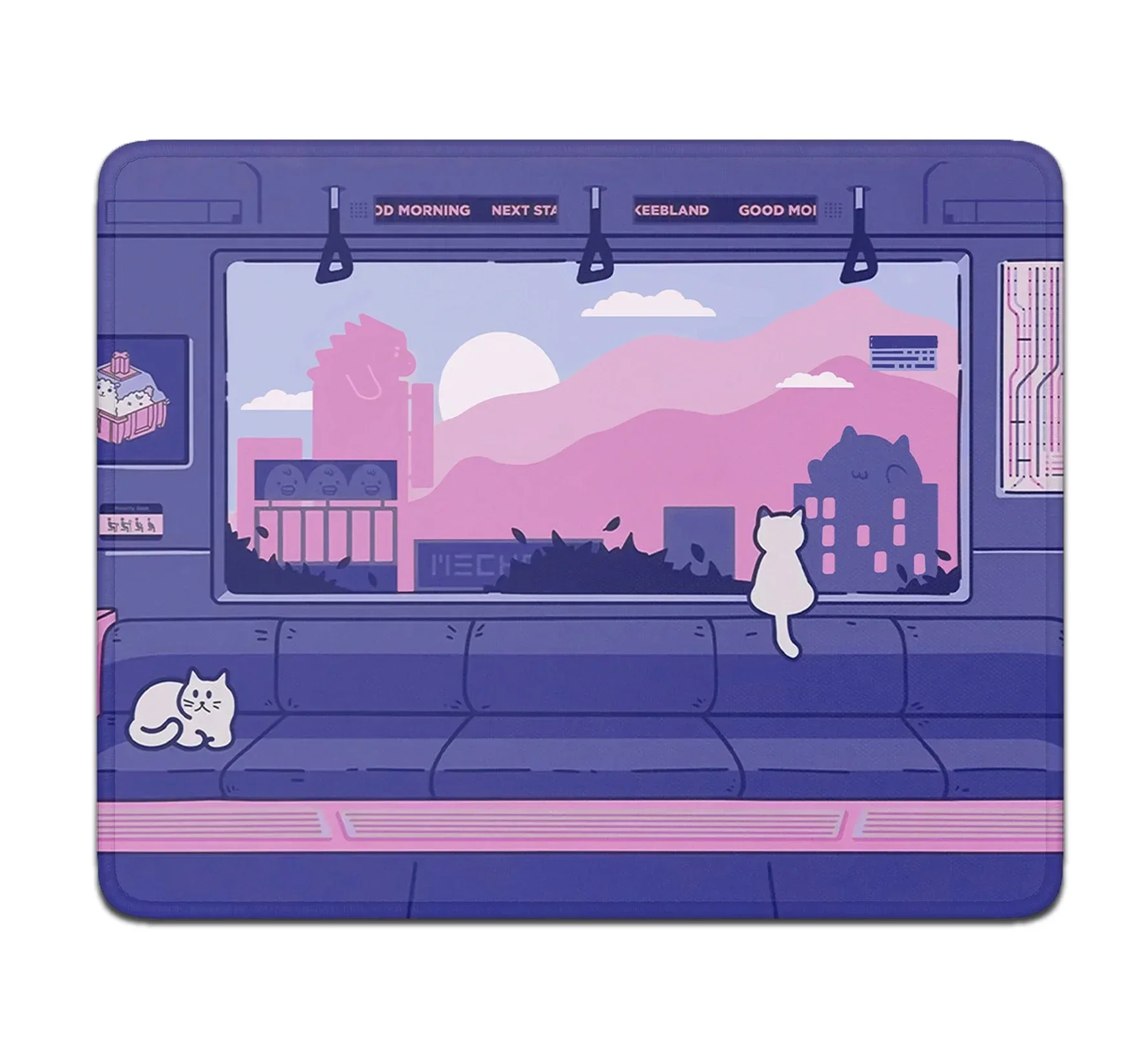 Kawaii Mouse Pad Cute Gaming Desk Mat Anime Aesthetic Cats on a train Purple Pink Mousepad Small PC Accessories Computer Deskmat