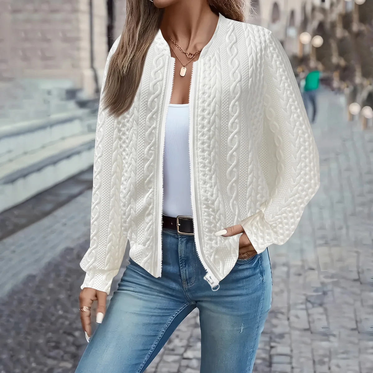 

2026 Европейская и американская модная женская жаккардовая толстовка на молнии без капюшона