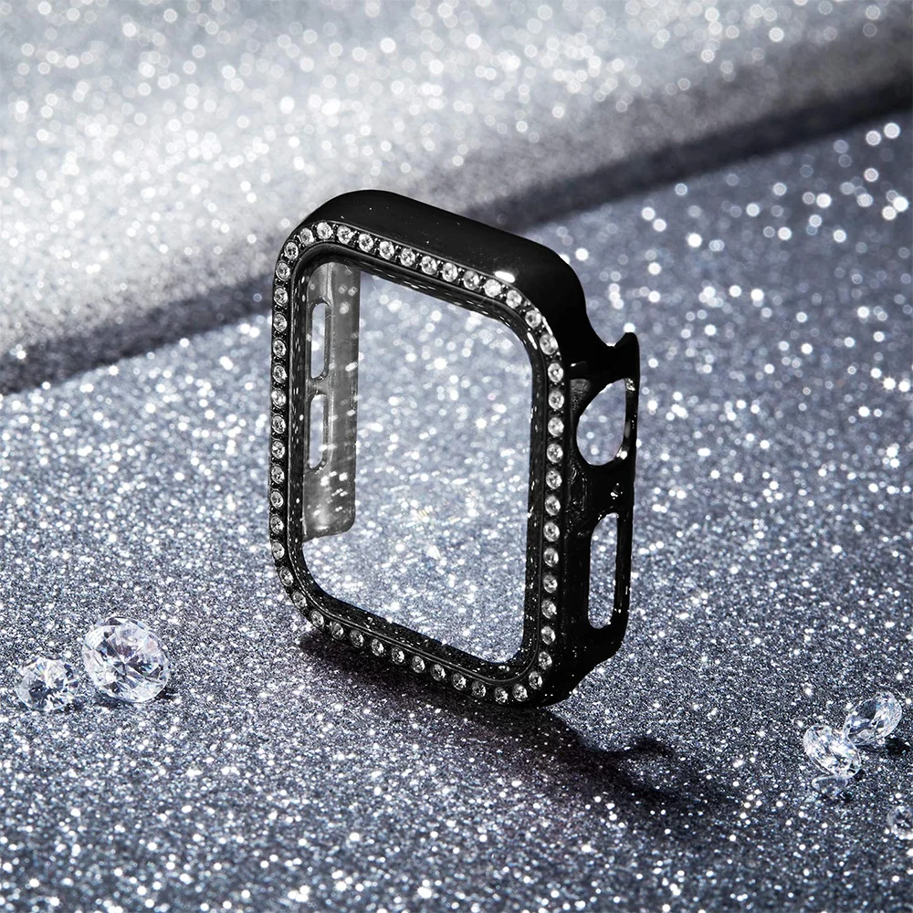 غطاء من الزجاج المقسى والماس لساعة أبل ، شاشة بلينغ ، ممتص الصدمات لسلسلة iWatch 9 ، 5 ، 6 ، 7 ، 8 ، SE ، 4 ، 40 ، 44 ، 41 ، 45 أو