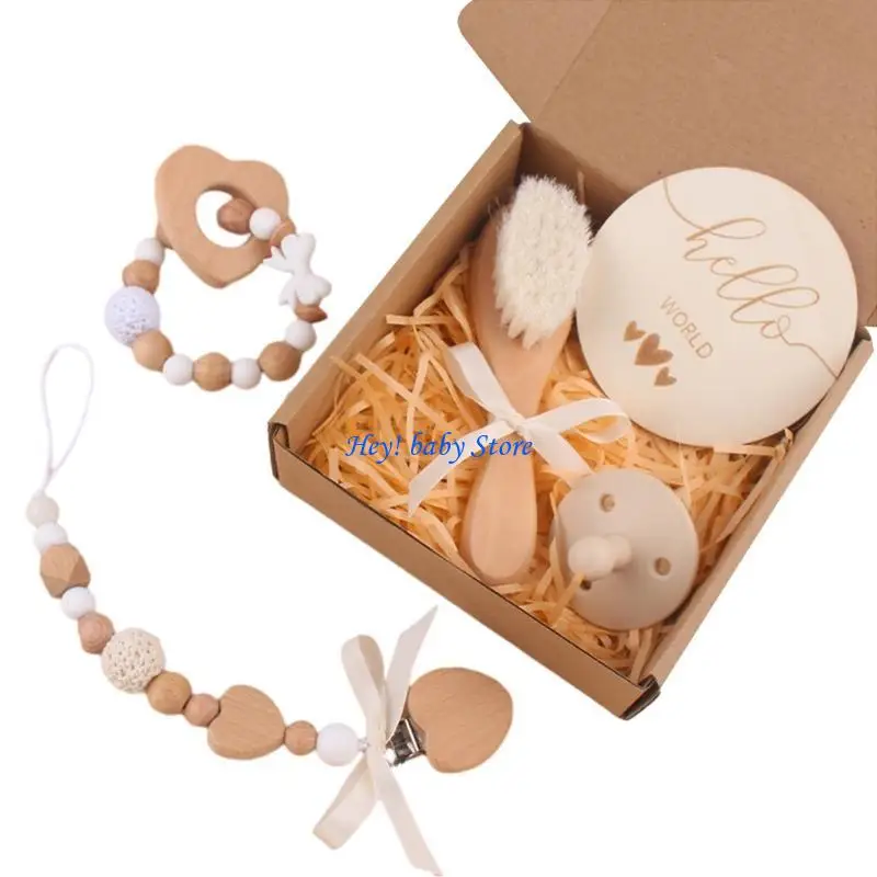 

Q1FE Teething Gift Set Baby Teether with Pacifier Holder Nipple Brush Card Bundle
