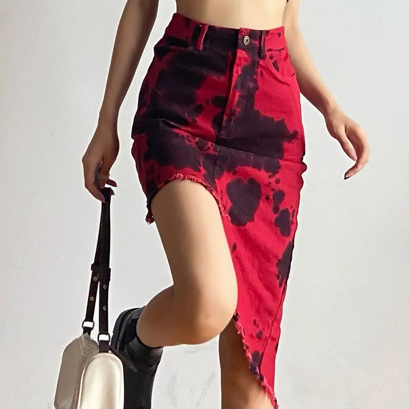 Skirt With Irregular Raw Edge Printed And Dyed High-Waisted Hot Girl Slimming Design Hip-Hugging Short Skirt Summer