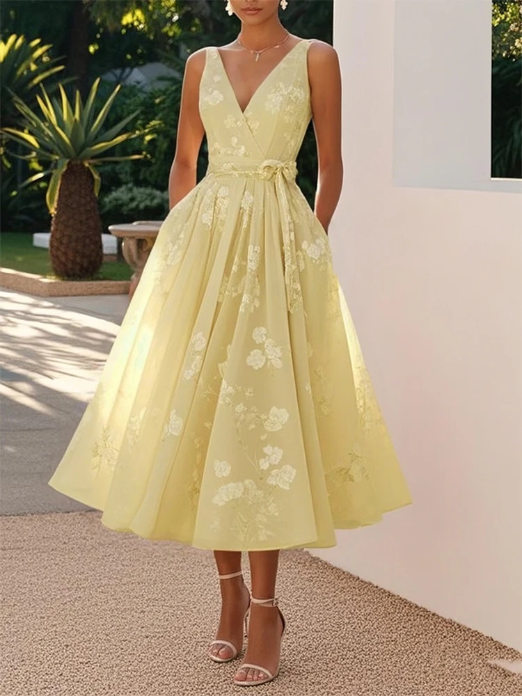 Elegant Pleated A-line Wedding Guest Dress Sleeveless V-Neck Vintage Floral High Waist Evening Dress for Women's with Sashes
