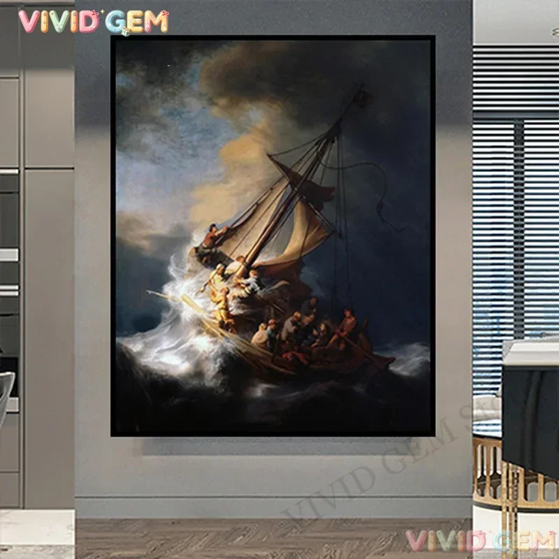 VIVID GEM The Storm on The Sea of Galilee Canvas Painting Dutch Golden Age Famous Art By Rembrandt Van Rijn Home Wall Decorat