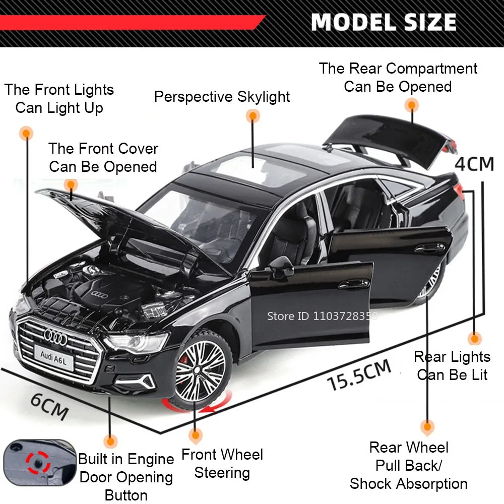 1:32 RS6 A6L modelo coches de juguete aleación Diecast sonido luz puertas abierto tirar hacia atrás neumáticos de goma vehículos en miniatura juguetes para niños regalos