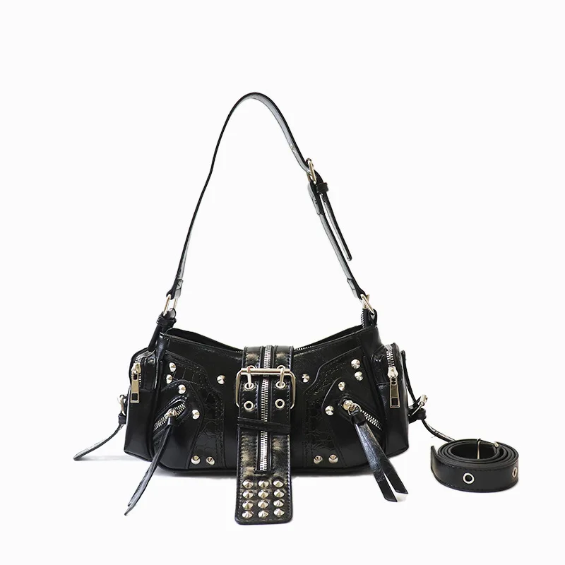 

1pcs PU Punk Style Shoulder Hobo Bag, Black with Studs and Metal Buckle