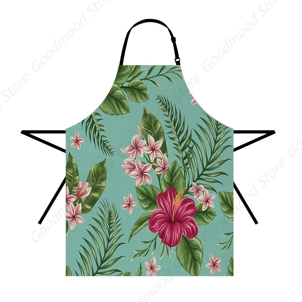 Tropical Floral Apron Hawaii Plumeria And Hibiscus Flowers Print Exotic Jungle Palm Leaf Unisex Apron Adjustable Strap