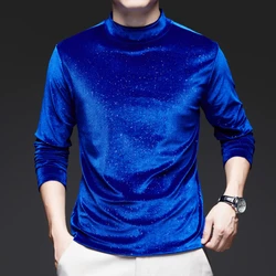 2024 Long Sleeved Men's Autumn and Winter Starry Sky New Casual T-shirt Gold Velvet Semi High Neck Base Shirt Top
