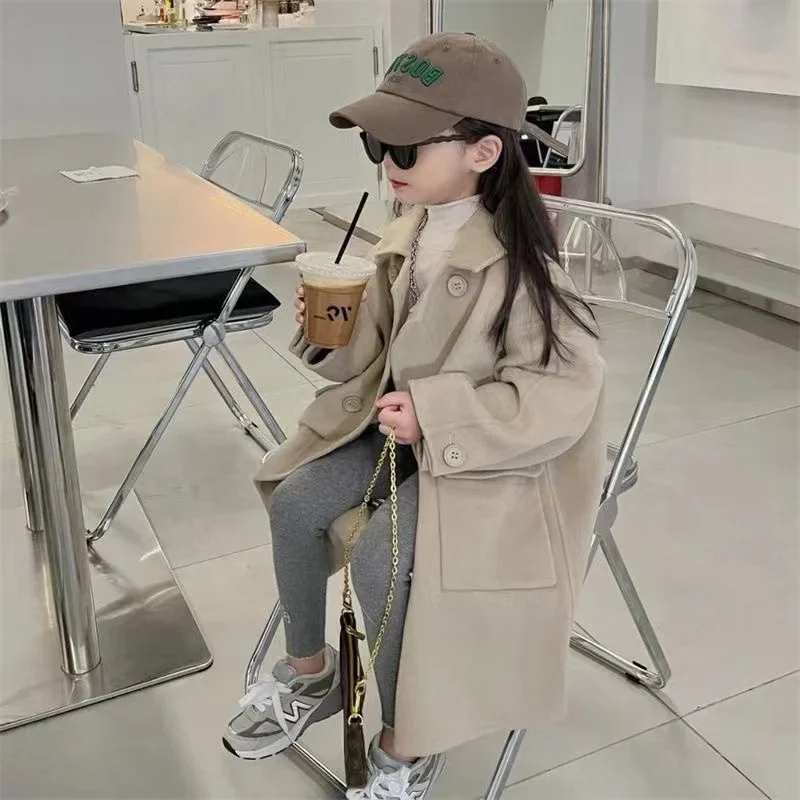 Korean Girl's Woolen Coat Super Cute Casual Trench Coat 2024 Autumn And Winter New Baby Loose Khaki Coat 3 5 7 9Y