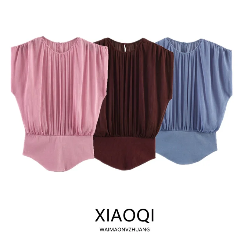 Spring Summer 2026 Women's round Neck Gored Shirt Semi-Transparent Splicing Design Loose Fit No Sleeve Elegant Style