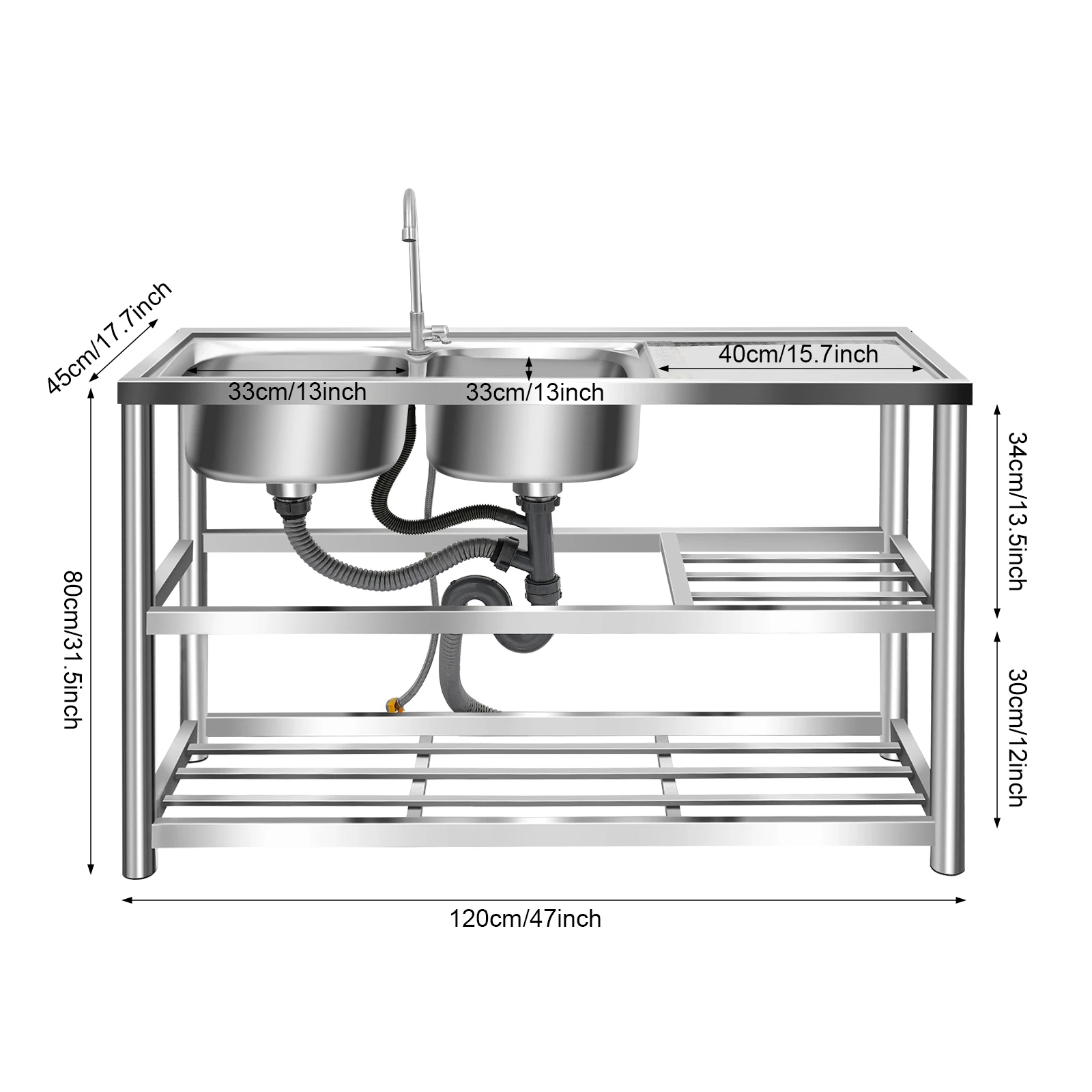 Двухслородный коммерческий кухонный стол для приготовления раковины с набором смесителей из нержавеющей стали для чистки посуды, кастрюли и сковородок, фруктов
