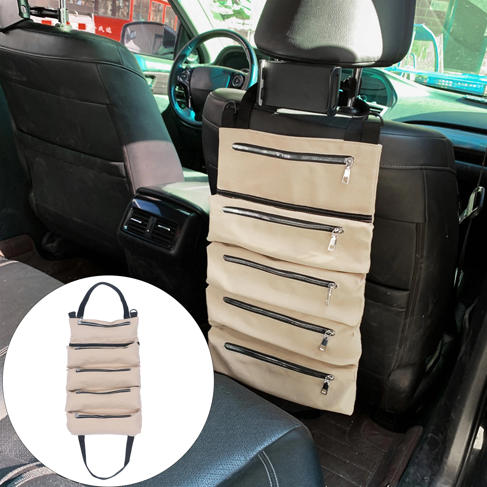 

Car Seat Storage Bag Khaki Color Foldable Organizer Space Multi-functional Auto Travel Accessories