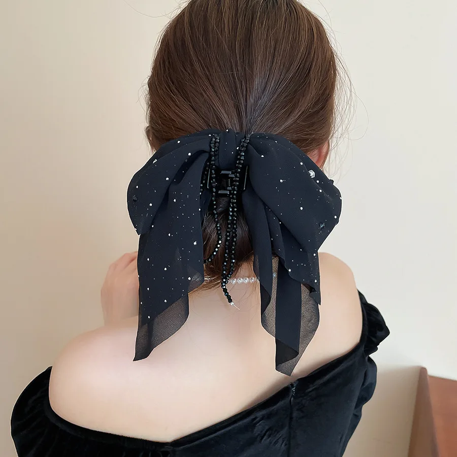 الاكريليك النسيج القوس شرابة مشبك شعر للنساء الساطع حجر الراين الأسود القرش كليب مزاجه موضة إكسسوارات الشعر مأدبة ث