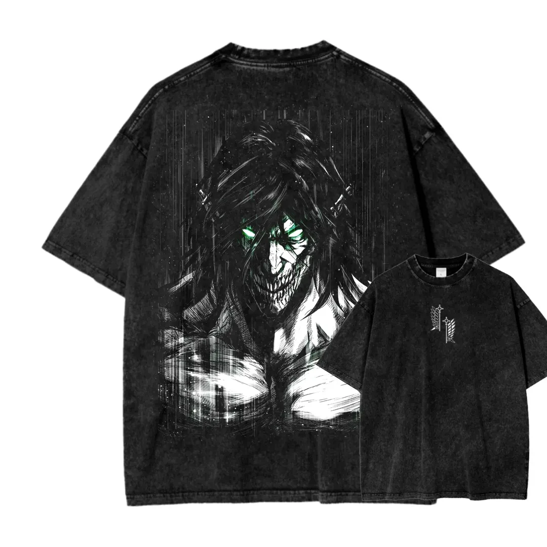 

Attack on Titan Eren Yeager Attack Titan Vintage Washed Cotton T Shirt Men Women 2026 Summer Oversized Streetwear