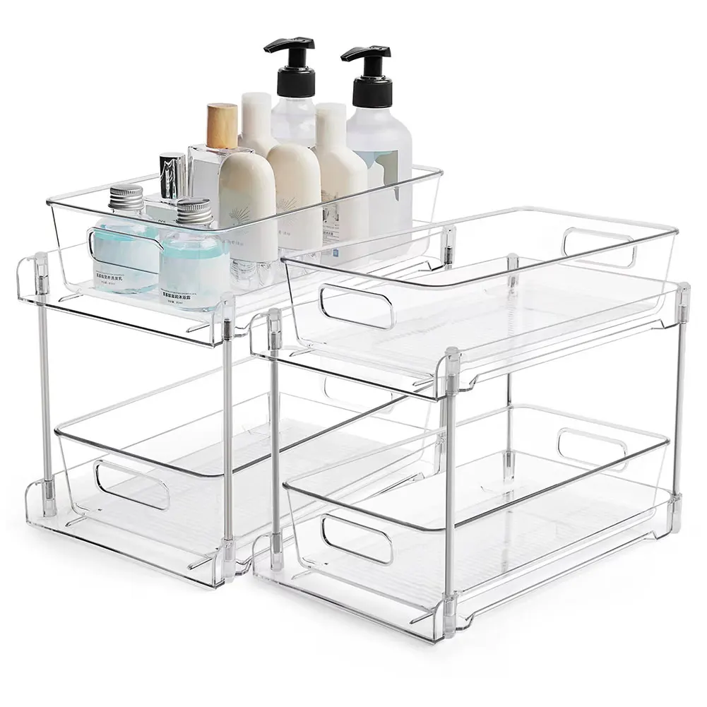 Under Sink Storage Shelf Multipurpose 2 Tier Clear Storage Drawers Rectangle Space Saving for Kitchen Pantry Office Desktop