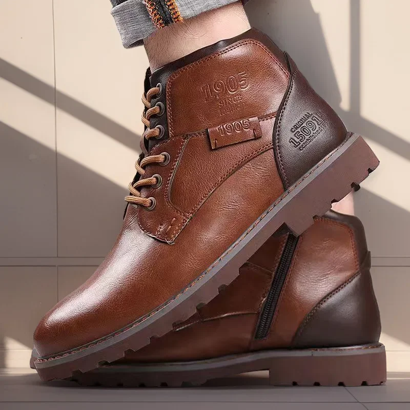 Botas hechas a mano para hombre, botines de Otoño Invierno para hombre, botas marrones Vintage para exteriores, botas de trabajo al tobillo, Zapatillas con parte inferior de tendón de ternera para hombre