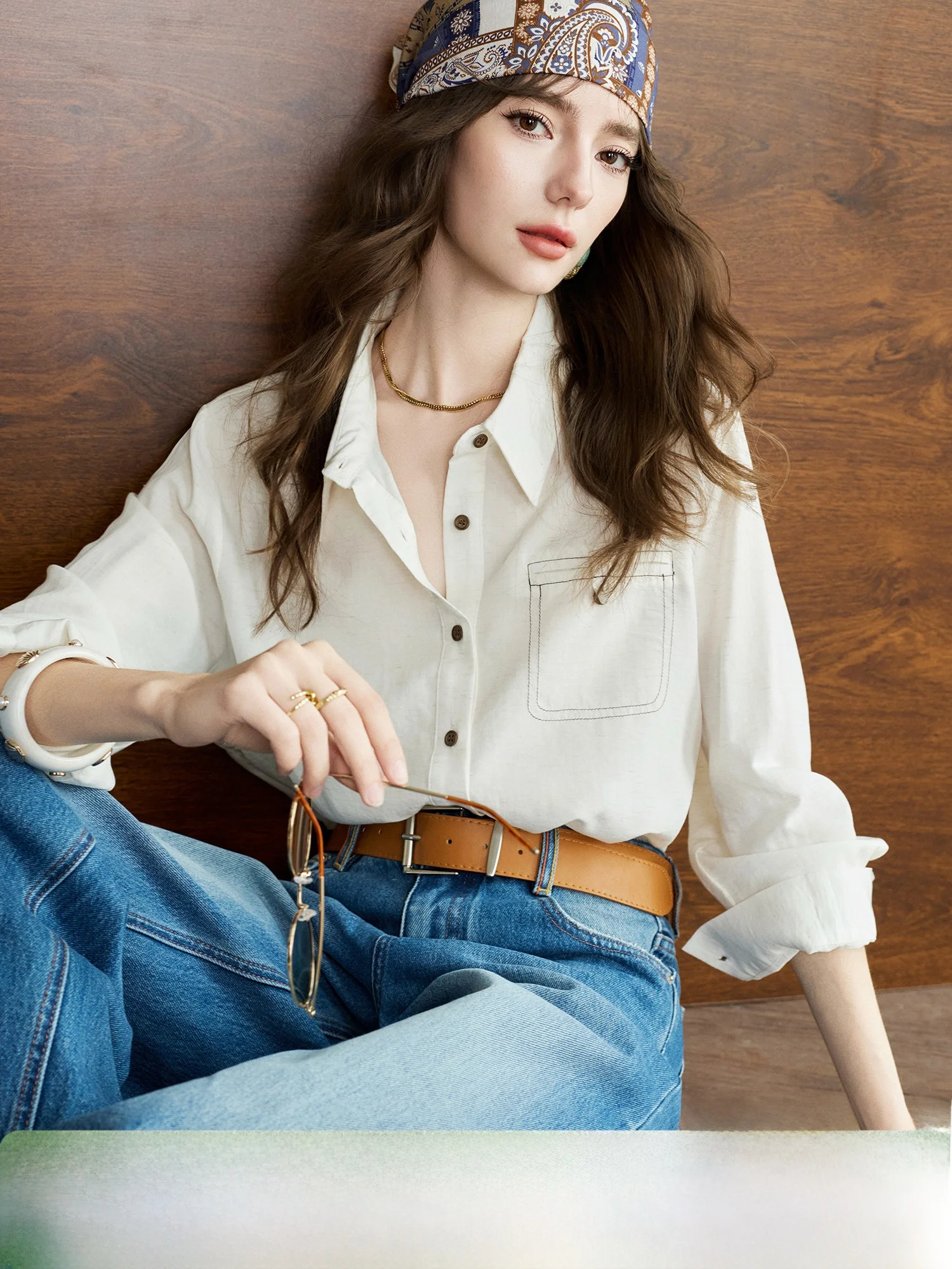 

Artistic Outline irt Vintage Sle Turn-down Collar Spring Top for Women Breathable Comfortable Lenzing Lyocell Fabric