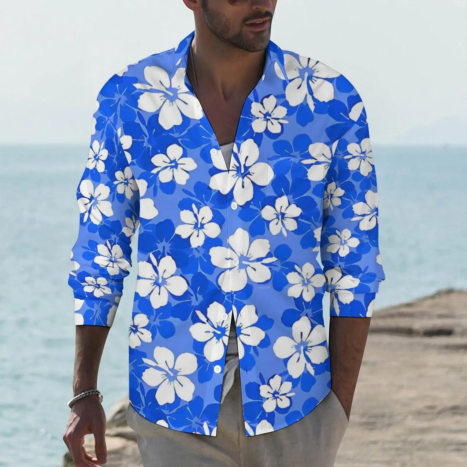 

Tropical Flower Y2K Casual Shirt Men Blue and White Hibiscus Shirt Autumn Trending Blouses Long Sleeve Graphic Oversize Tops