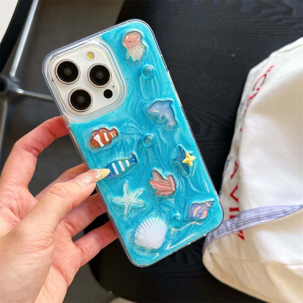 Leuke Vis Shell Geschikt Voor iPhone 17 Pro Max 15 14 13 Plus 16 Pro Max Koreaanse Rimpel Onderwaterwereld beschermhoes