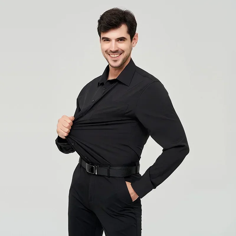 

Four sided elastic long sleeved shirt for men's business non ironing wrinkle resistant large black and white solid color shirt