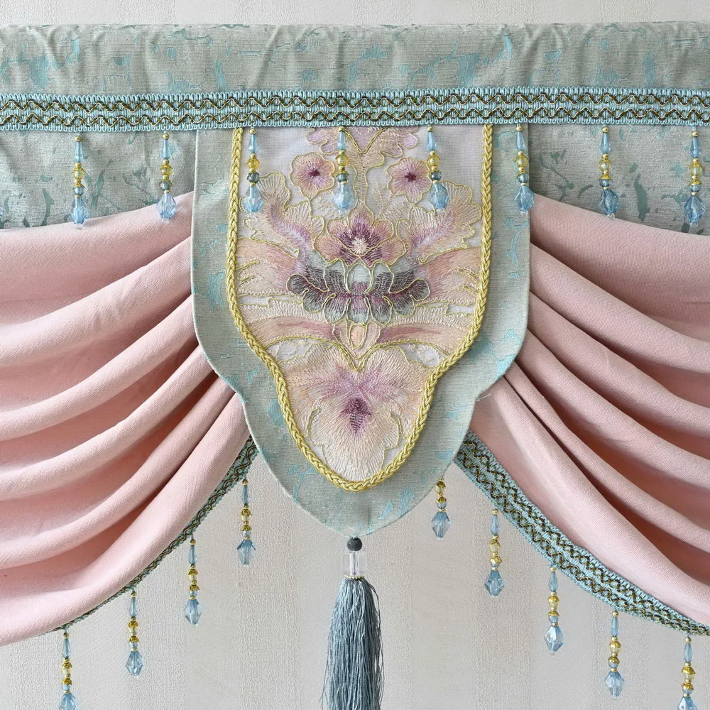 European Luxury Swag Waterfall Curtain Valance with Tassel Beads, Spliced Color for Villa, Rod Pocket, French Window Decoration