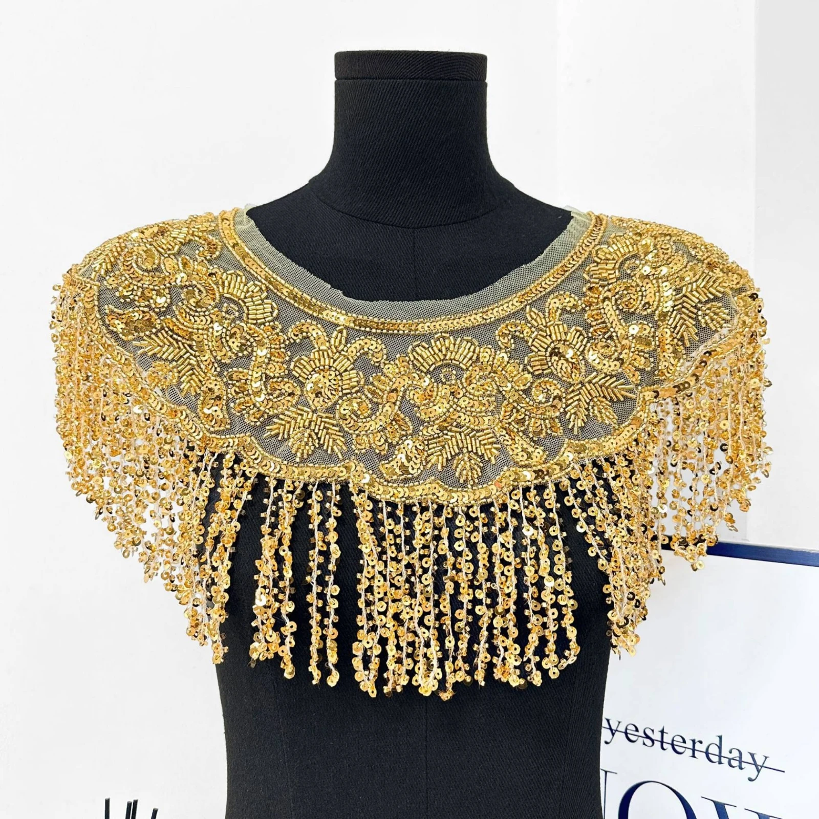 Mesh Capelet with Fringe Transparent Lace Shoulder Cape with Beads Embroidered Dress Cover-up Scalloped Shrug Beaded