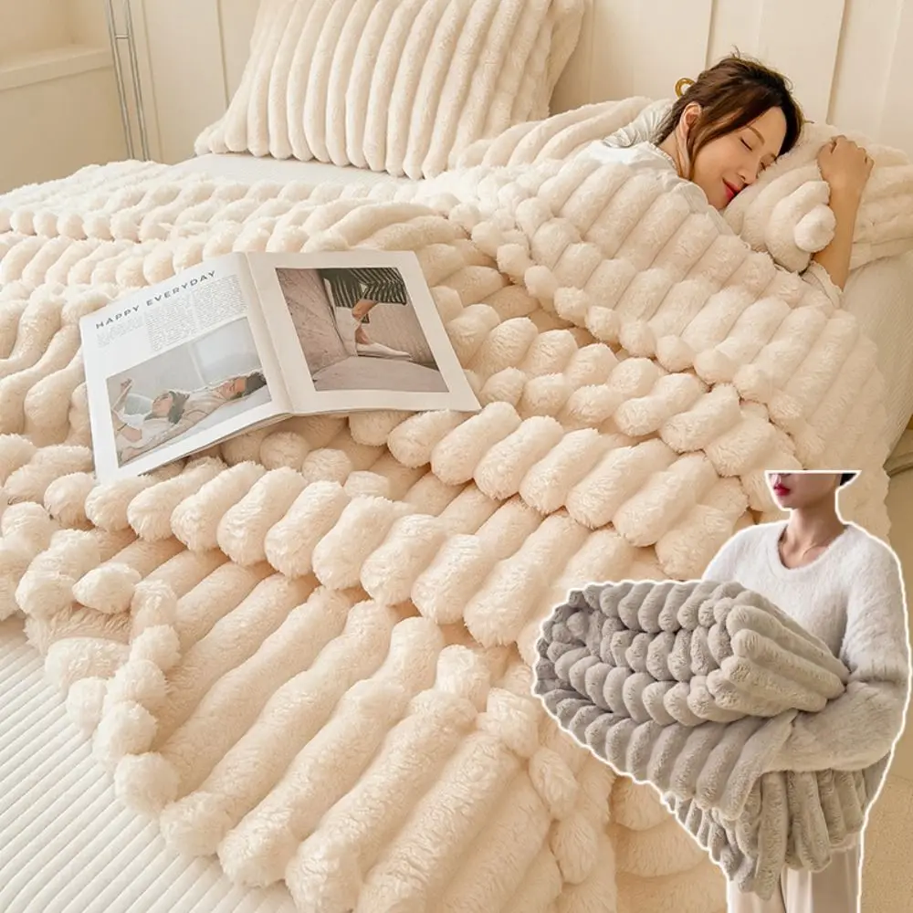 Immagine 4: Nuova coperta calda double face Coperta calda e traspirante Coperte a righe tinta unita delicate sulla pelle