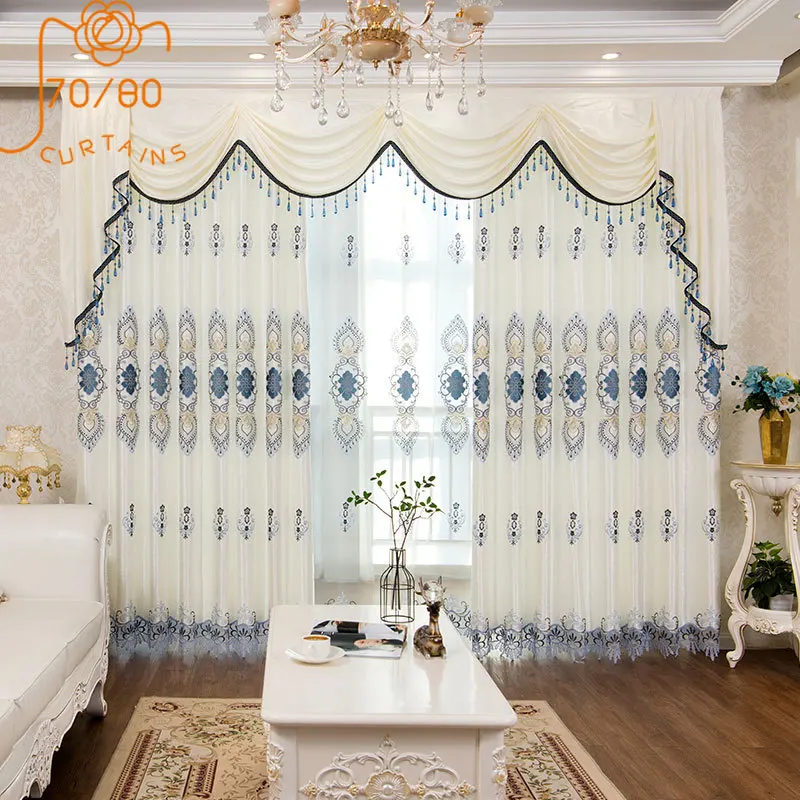 New European Embroidered Blue Embroidered White Curtains for Window Screens Living Room Bedroom Balcony French Window Villa